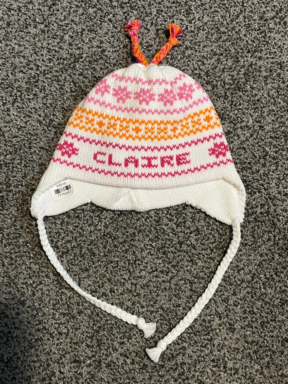 Custom "Claire" Name Knit Earflap Hat Kids Beanie Fair Isle White Pink Monogram